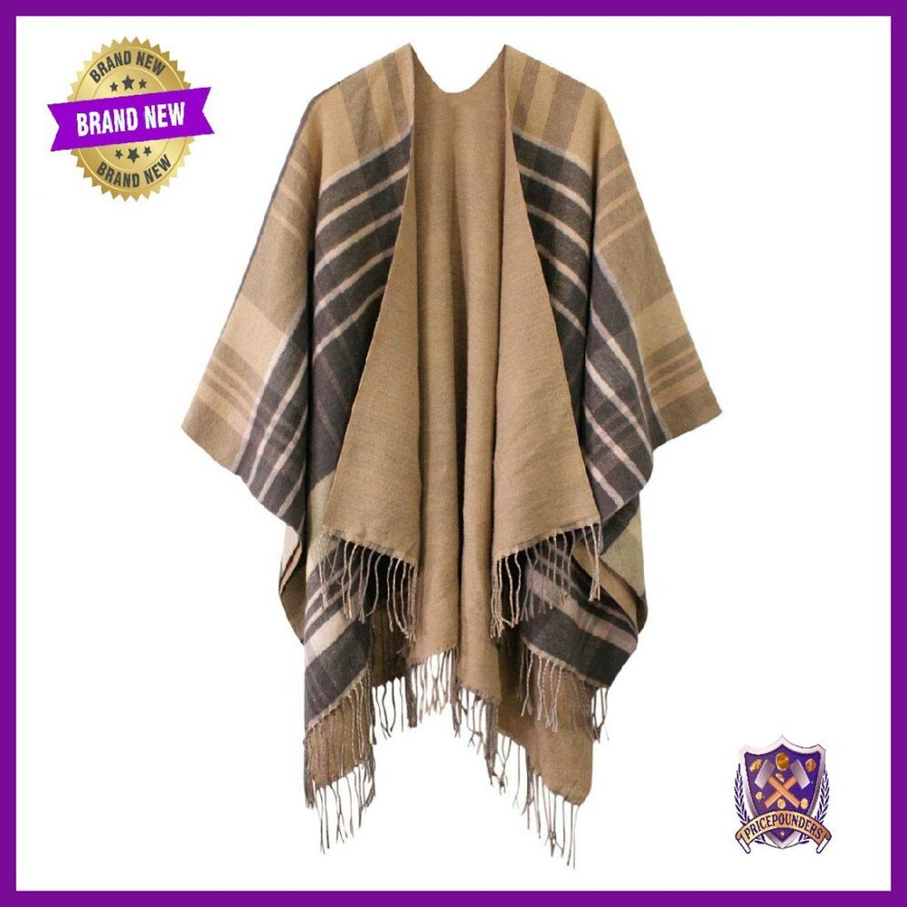 Oversized Winter Poncho Cape Shawl Wrap Cardigan Coat Tassel Hem - Picture 1 of 8